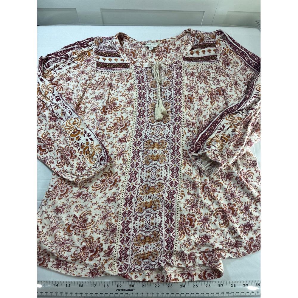 Lucky Brand Womens 2X Peasant Top Boho Paisley Beaded Tassel Blouse Burgundy